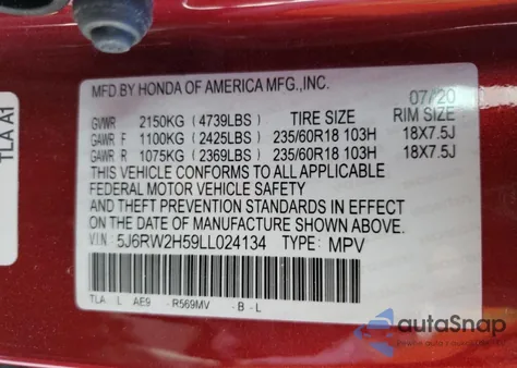 2020 Honda Cr-V Ex z USA, uszkodzony, nr VIN 5J6RW2H59LL024134